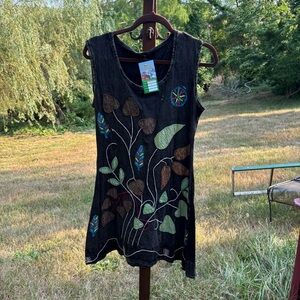 Black 100% cotton Dress with embroidered appliqué designs. Fun, festival vibe.